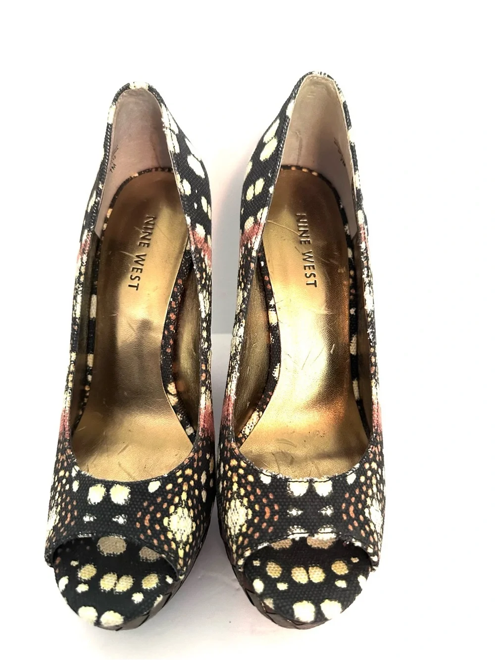 Nine West Black, Cream & Pink Patterned Platform Peep-Toe Pumps Size 7